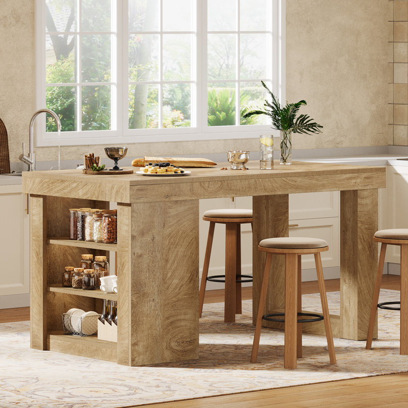 Îlot de cuisine avec tablette de rangement, table de préparation de ferme de 55 po avec grand plateau de table épais et espace pour les jambes, bois naturel