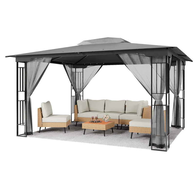 13'x11' Double-Roof Patio Gazebo with Mosquito Netting,Heavy Duty Gazebos Shelter Party Tent, Gray