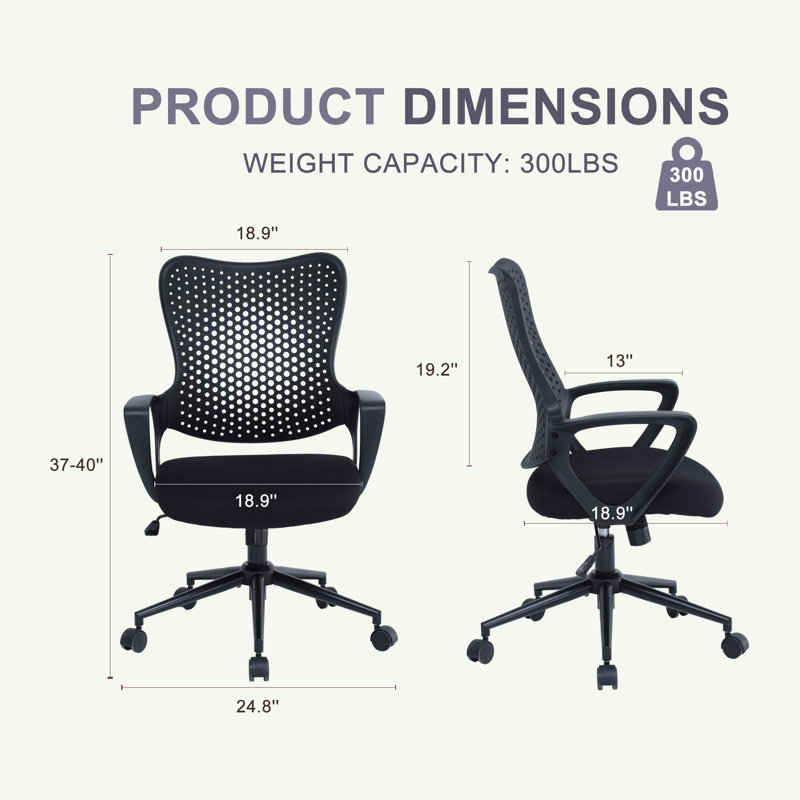 Chaise de travail ergonomique en filet avec hauteur réglable et base pivotante, Noir, Noir