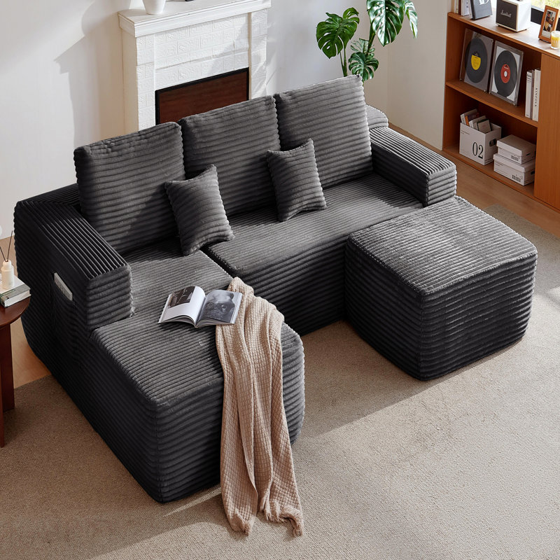 Canapé modulaire Cloud avec méridienne en U et poches latérales, conception modulaire moderne, assise profonde, canapé rembourré pour le salon / la chambre à coucher, aucun assemblage requis, gris, gauche
