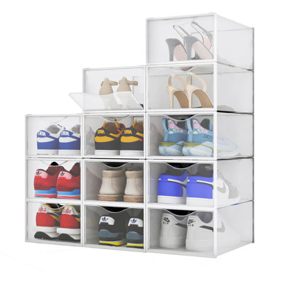 Plastic Stackable Shoe Box Set - Clear,Foldable Shoe Storage Container,Sneaker Bins,Shoe Rack Box,Transparent,Portable Stacking Shoe Boxes Front Open(