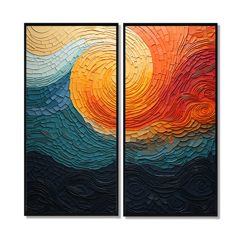 «Teal Orange Op Art Rhythmic Illusion III», impressions sur toile bleu sarcelle, 20" H x 24" W, Impression encadrée flottante