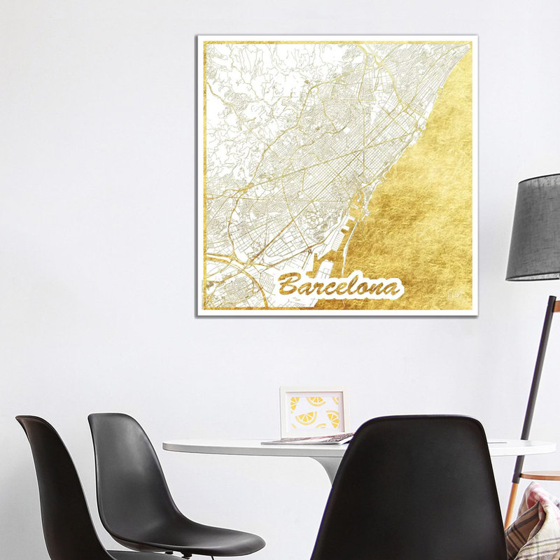Barcelona Gold Leaf Urban Blueprint Map 1 Piece Wrapped Canvas Wall Art, 93.98 cm H x 93.98 cm W