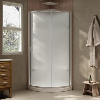 Breeze 35 in. L x 35 in. W x 77 in. H Round Corner Shower Kit in Satin Nickel, Frosted Sliding Door, Walls, and Pan