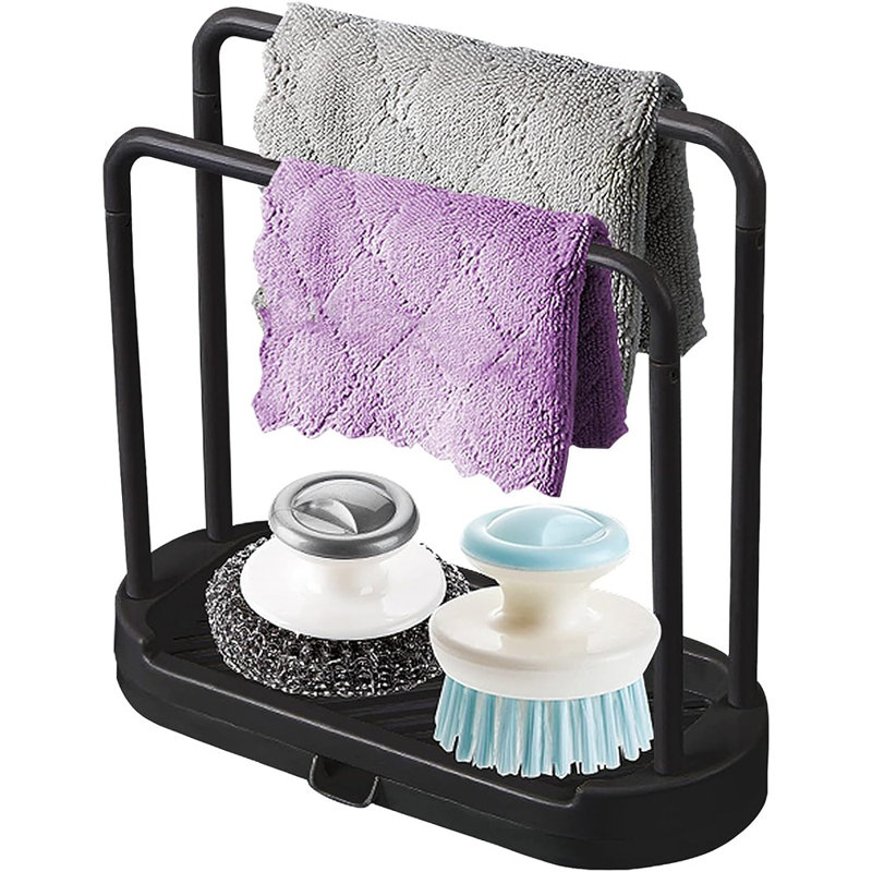 Support de rangement pour évier de cuisine avec support pour éponge, lavette, brosse et récureur, noir