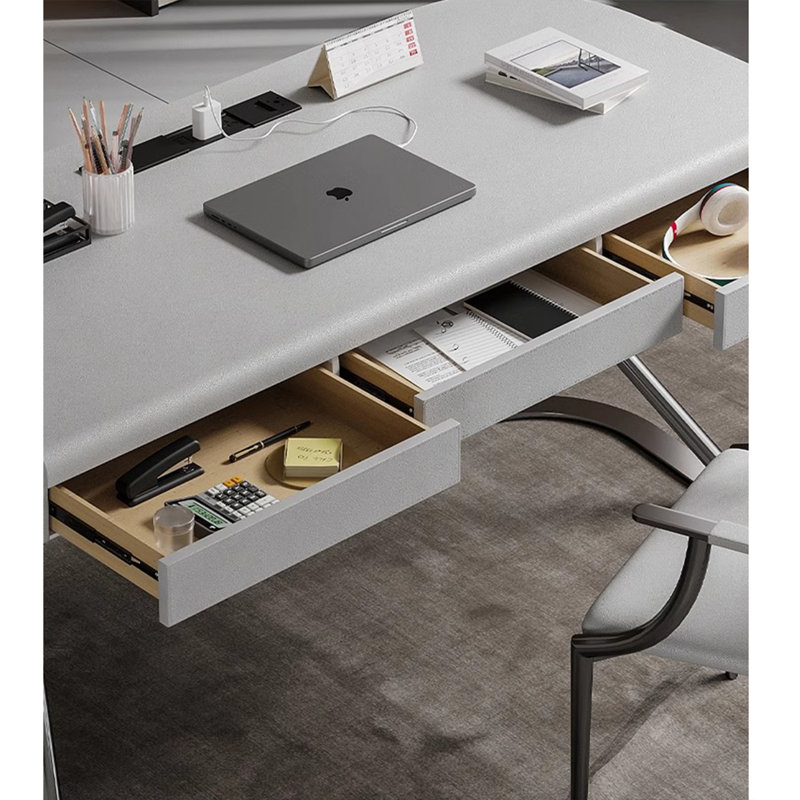 Bureau d'écriture italien minimaliste avec base en métal, Gris, H 29,13 po x l 62,99 po x P 27,56 po