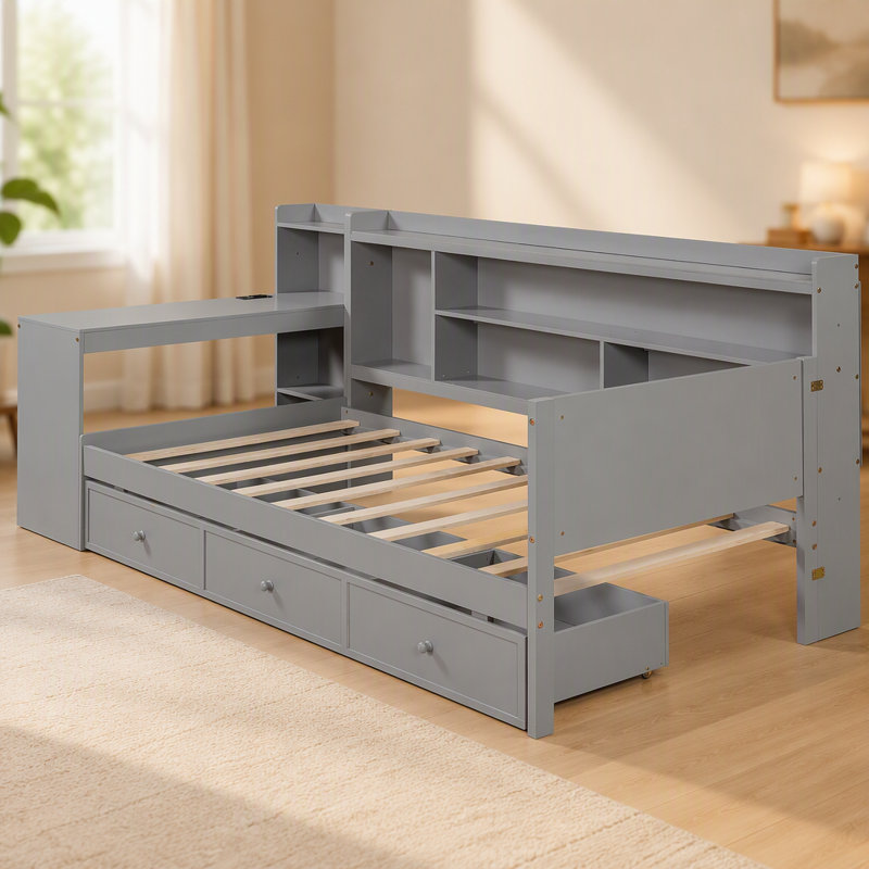 Lit de jour multifonctionnel simple avec trois tiroirs, ports USB et bureau pour une vie confortable et une utilisation efficace de l'espace