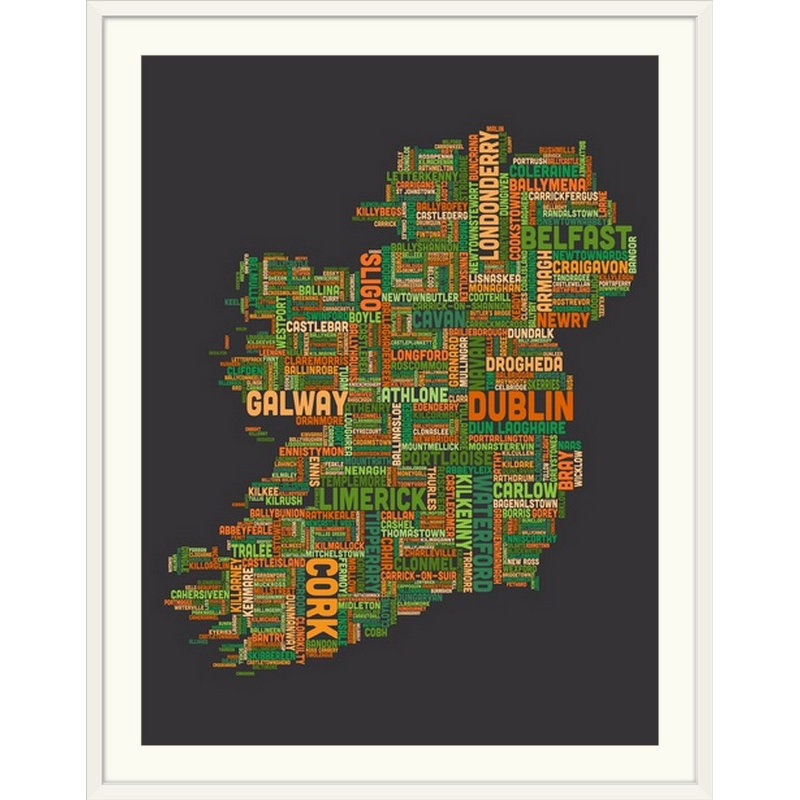Francy «Irish Cities Map» par Michael Tompsett - impression d'art graphique, H 48 po x l 36 po x P 1,5 po, Toile