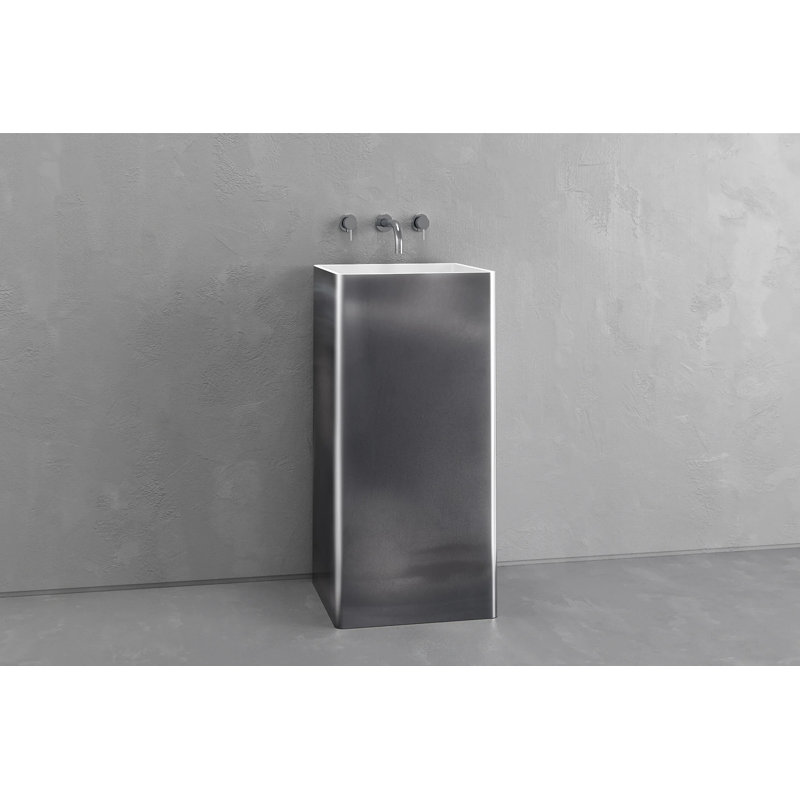 Vast Studio 33.5” Tall Aged Silver/White Freestanding Pedestal Sink – Rectangular Basin with Metallic Luxury Finish & Modern Minimalist Spa-Inspired Design