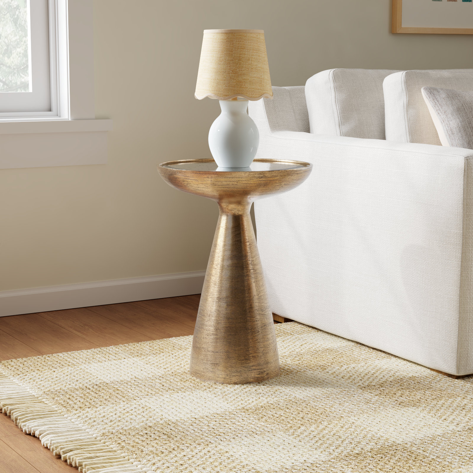 Baya Round Pedestal End Table, Antiqued Mirror, Brushed Brass