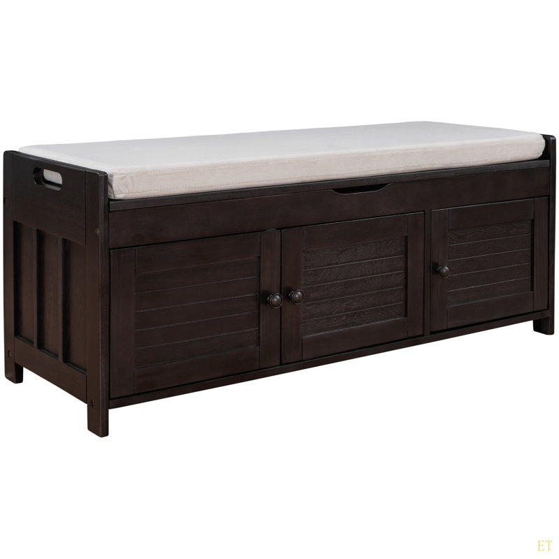 Storage Bench With 3 Shutter-Shaped Doors, Shoe Bench With Removable Cushion And Hidden Storage Space, Espresso