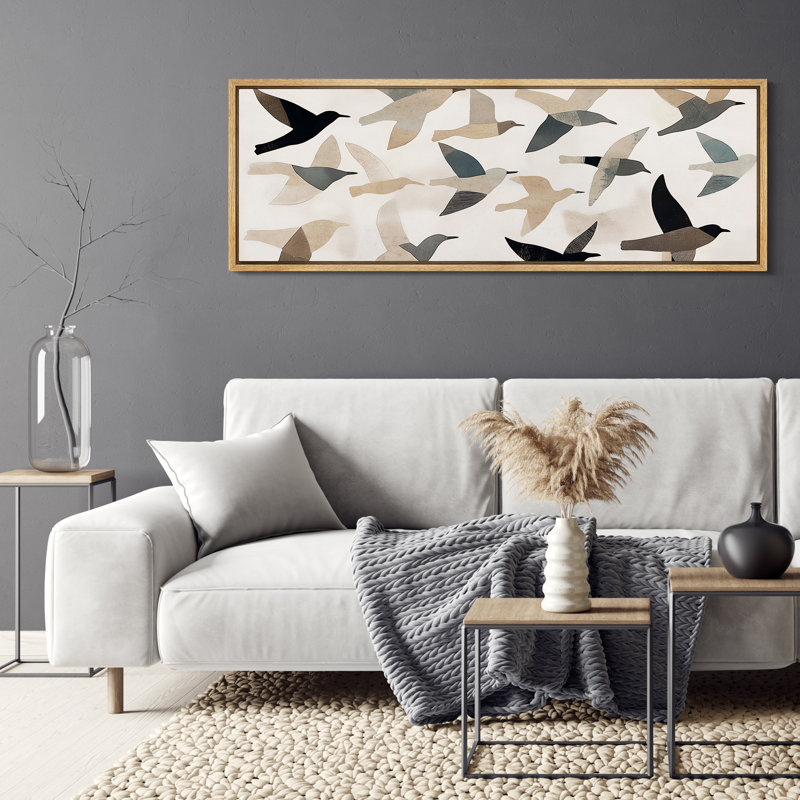 Abstract Flying Birds - Oversized Framed Wall Decorations Canvas Print, 20" H x 60" W, Natural