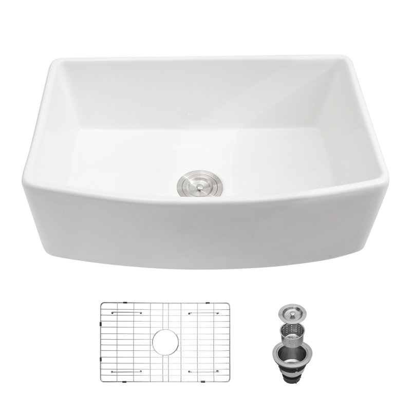 White Farmhouse Sink - 33 X 19 X 10 Inch White Kitchen Sink Porcelain Ceramic Arch Edge Apron Front Single Bowl Farm Kitchen Sinks