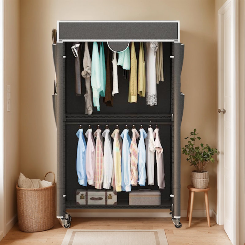 Rolling Garment Rack With Cover, Heavy Duty Clothing Rack For Hanging Clothes, Portable Closet Wardrobe With Adjustable Shelves, Double Rods Garment Rack With Wheels