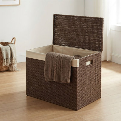 Brown 160L Woven Storage Basket, Lid and Removable Liner