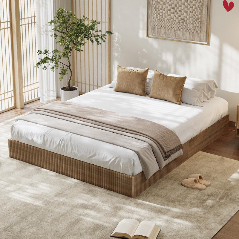 Wood Bed Frame, Wooden Platform Bed w/Fluted Design, Bed Frame with Study Support, Easy Assembly No Box Spring Needed