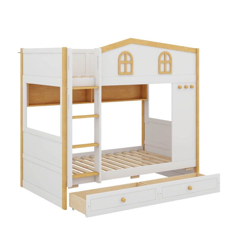 Lit superposé inspiré d'une maisonnette avec tiroirs de rangement, lit superposé en bois équipé de tablettes de rangement, lits superposés avec échelle pour maisonnette
