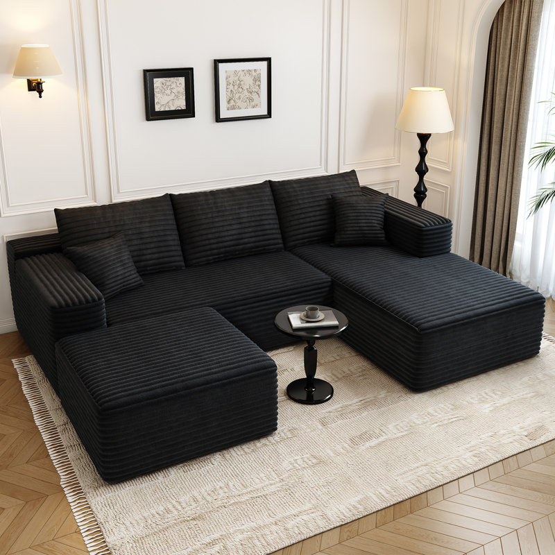 Canapé modulaire 107,5 po avec 1 repose-pieds Cloud, Tissu velours côtelé noir, Orienté à droite