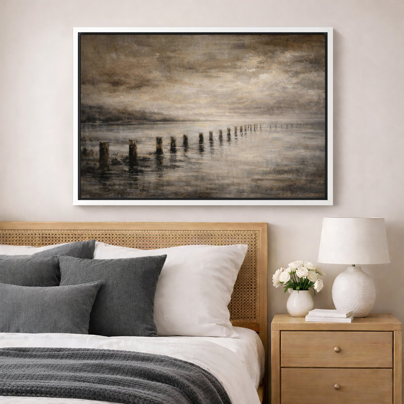 «Moody Coastal Pier», œuvre d'art sur toile encadrée, impression sur toile, H 24 po x l 36 po, Cadre flottant blanc