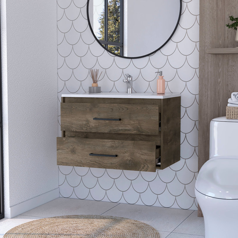 Spacious Wall Mounted Bathroom Storage Unit In Dark Brown And White With 2 Drawers Vanity Two Voluminous