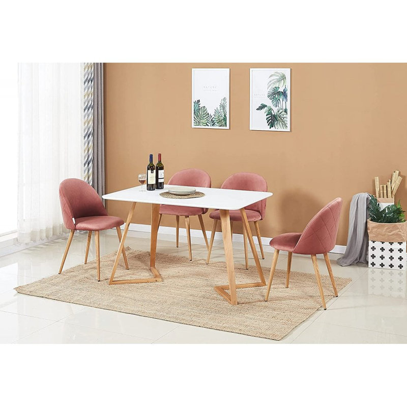 Gunhilda 4 Person Dining set - a Rectangular Plastic Dining Table with Wooden Legs and a Set of 4 Quilted Velvet Dining Chairs for Dining Room - Modern Dining Table Set