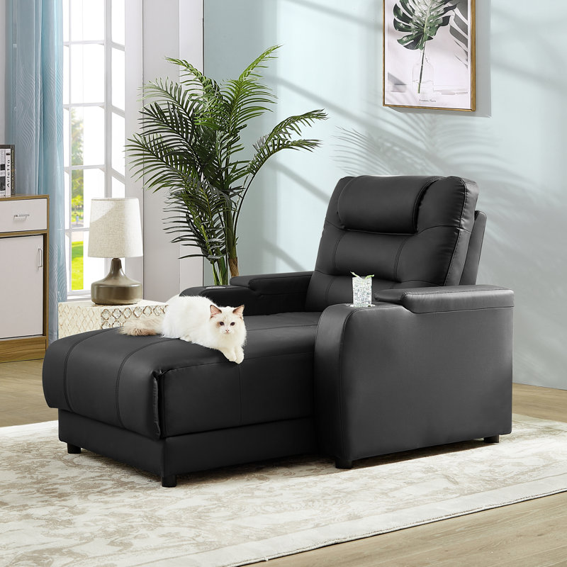 Chaise longue électrique Elliani en similicuir avec dossier réglable, recharge sans fil et porte-gobelet, Similicuir noir