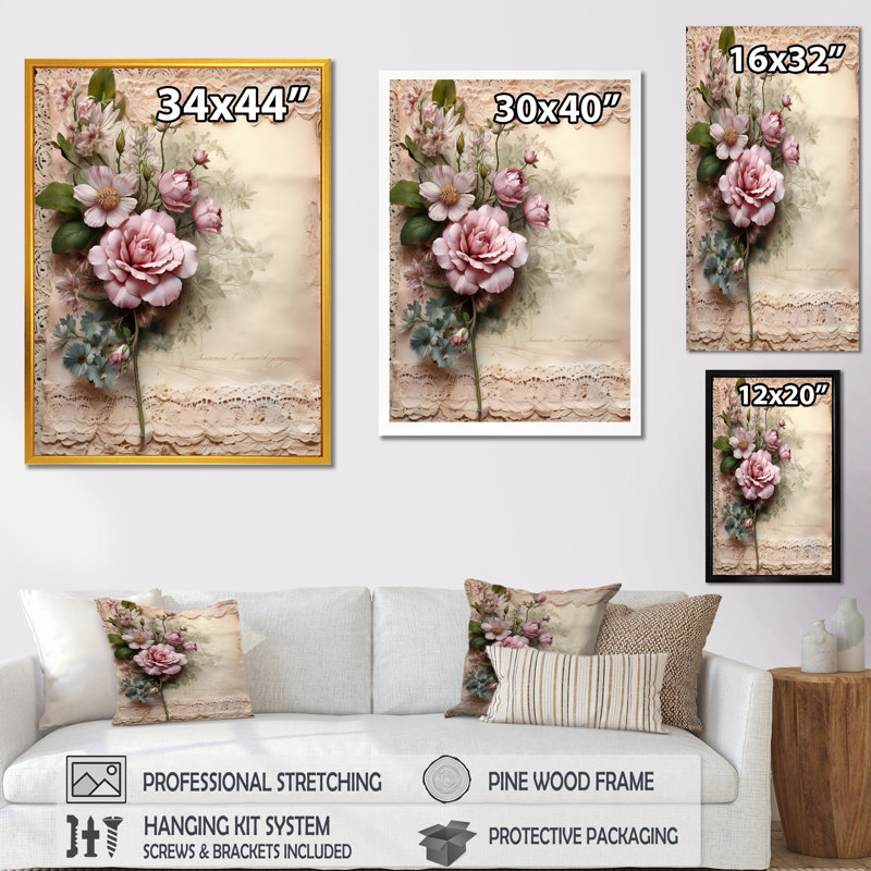 Illustration de dentelle rétro rose rose avec bouquet rustique, Cadre photo doré simple, H 20 po x l 12 po x P 1 po
