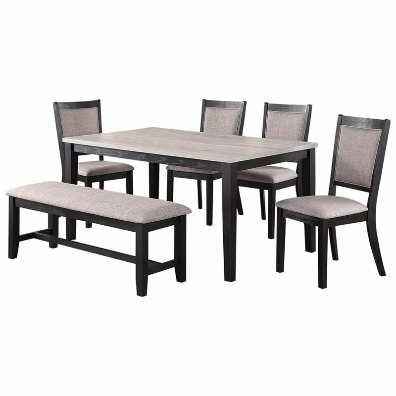 Table de salle à manger contemporaine 6 pièces avec chaises et banc d'appoint, Gris / Noir, Naturel/noir