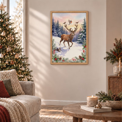 Brown Deer with Birds on Antlers in Snowy Forest Christmas Canvas Wall Art