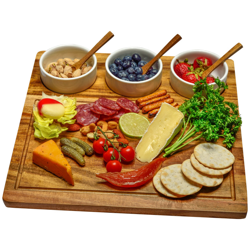 Ensemble de planches à charcuteries en acacia Loon Peak® de qualité supérieure avec bols en céramique et cuillères en acacia - 13 po x 13 po