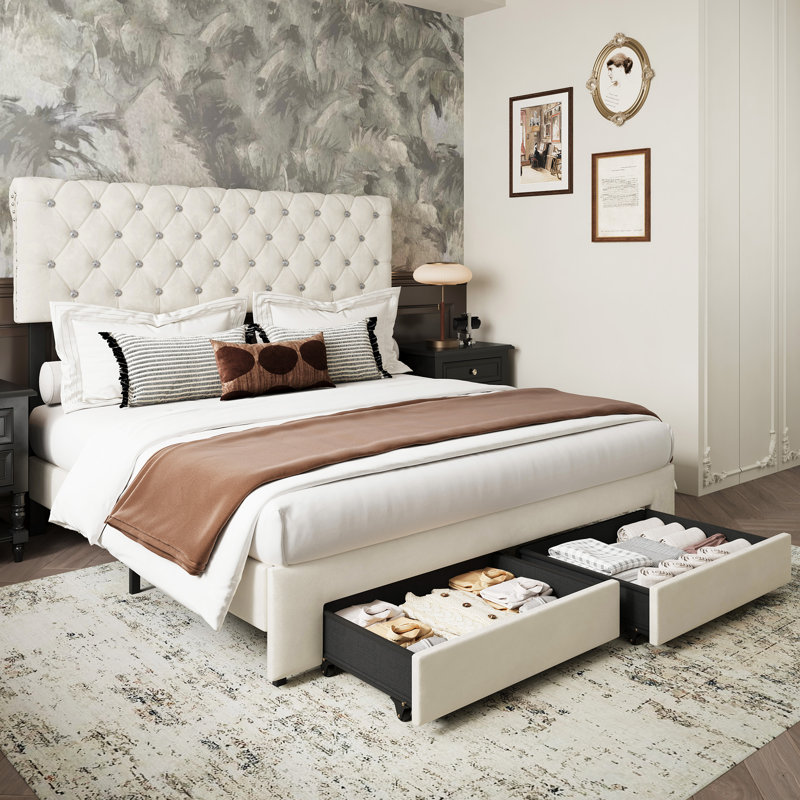 Sparkling Diamond Tufted Bed Storage Bed With Adjustable Bedhead, Beige, Queen