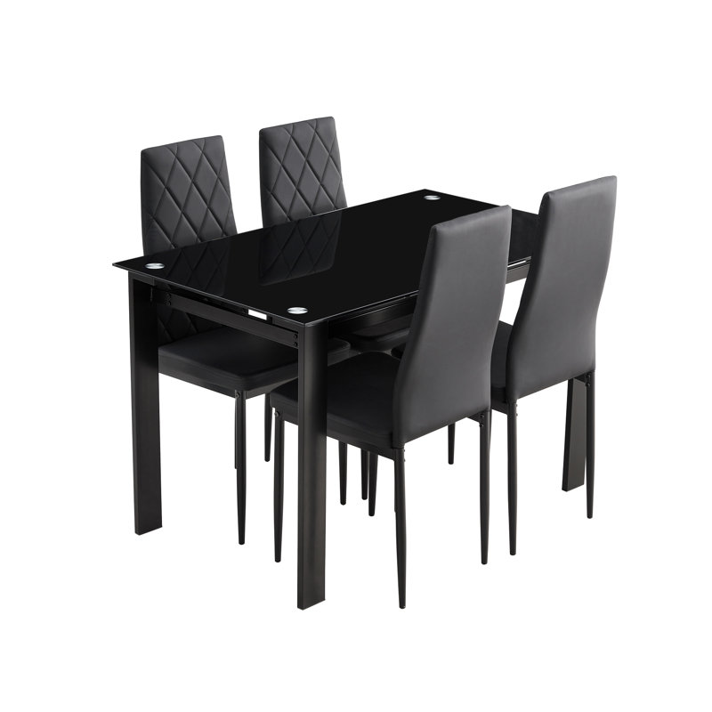 5 tables et chaises de salle à manger, noires, avec matériaux de construction et chaises confortables en verre sécuritaire