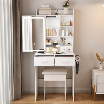 Small Makeup Vanity Desk With Mirror & Adjustable LED Lights,Built-In Power Outlet & Hidden Storage