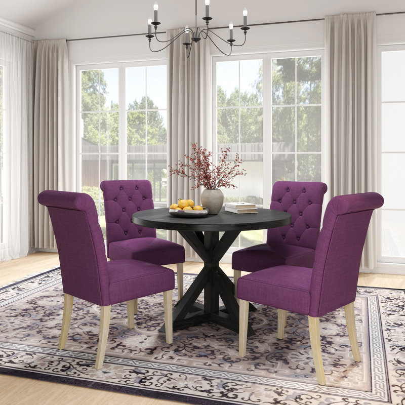 Banff 5-Piece Dining Set, Cross-Buck Round Table With 4 Tufted Chairs, Purple
