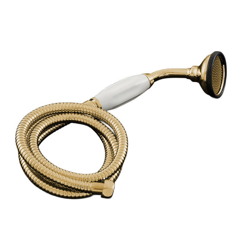 Strom Living Porcelain Handheld Shower with Handheld Shower Hose and Vacuum Breaker, Unlacquered Satin Brass