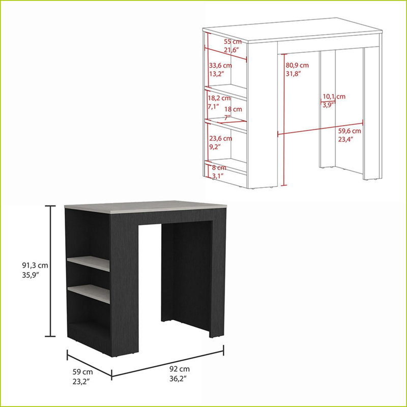 Îlot de cuisine avec 3 tablettes latérales, l 36,2 po x P 23,2 po | Moderne | Bois d'ingénierie, Noir