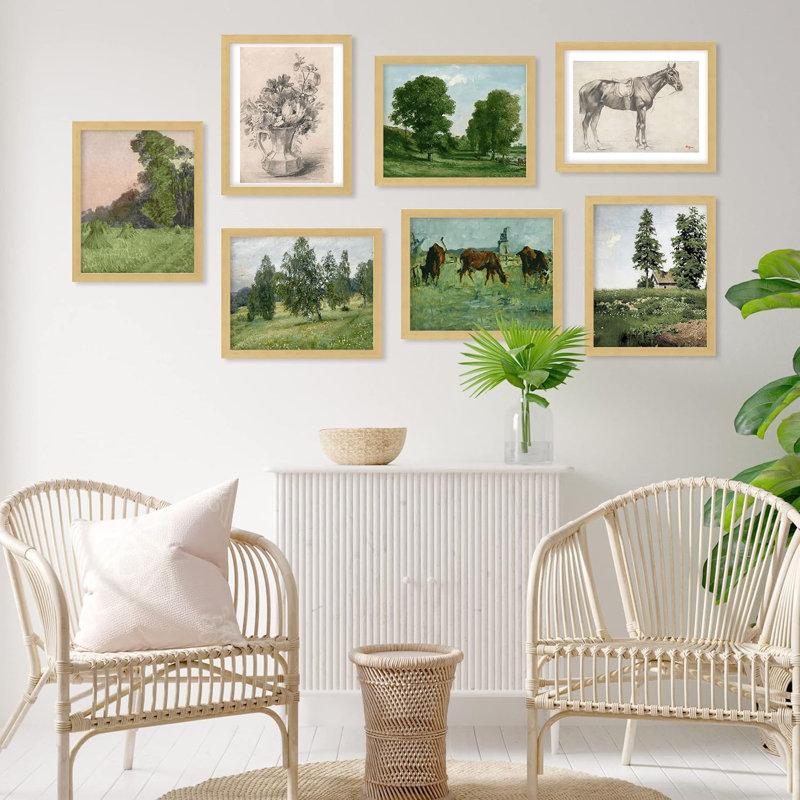 Fine Art Vintage Forest Landscape Horse, abstrait géométrique, encadré sur papier, 7 pièces, Naturel