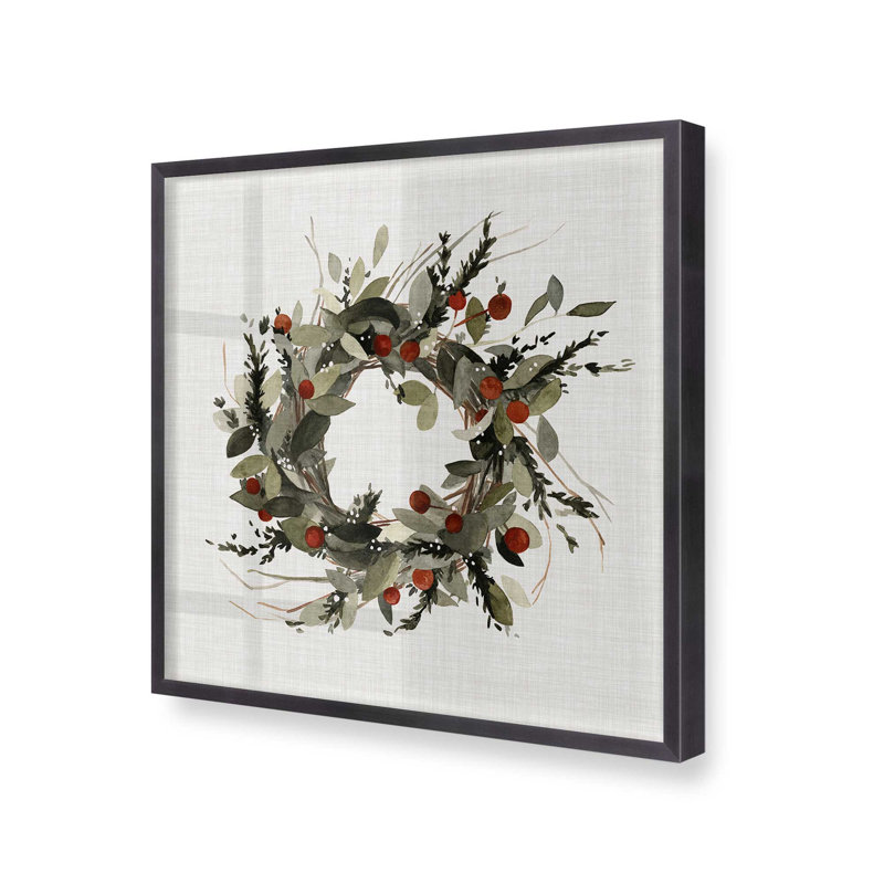 Holiday Wreath with Berries I Rolled Print, 13.75" H x 13.75" W, Weathered Zinc Single Picture Framed, Solid Wood