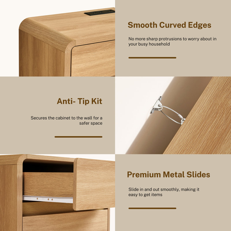 Nightstands(Set Of 2), With Charging Station, 3-Drawer Arched End Table For Small Space, For Bedroom, Living Room, Natural