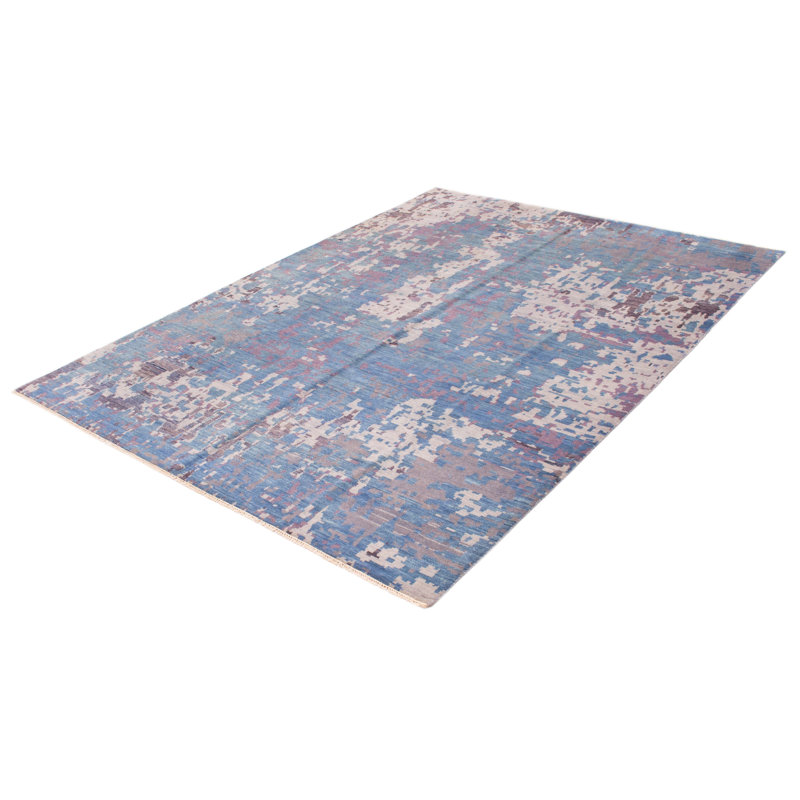 Tapis unique en laine noué à la main 9 pi x 12 pi 1 po nouvel âge Temme bleu indigo / brun / gris