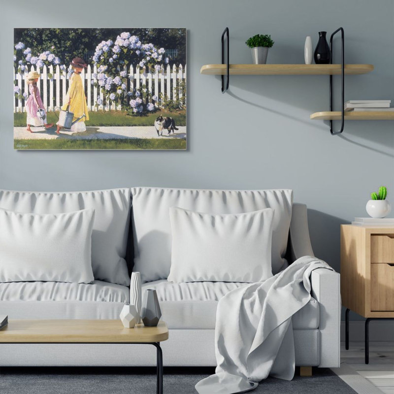 Filles, jardinage, quartier, trottoir, clôture, par Heide Presse, impression, 30" H x 24" W x 1.5" D, Wrapped Canvas