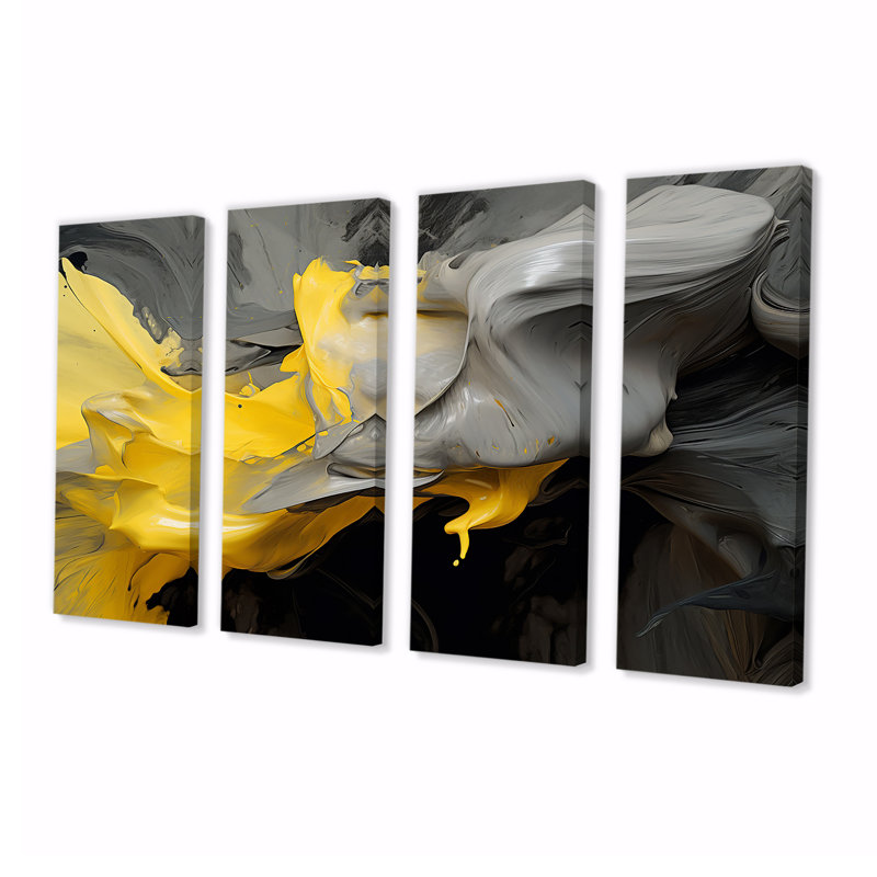 Raw Reflections Yellow Grey - Abstract Wall Art Decor, 4 pièces, H 28 po x l 48 po