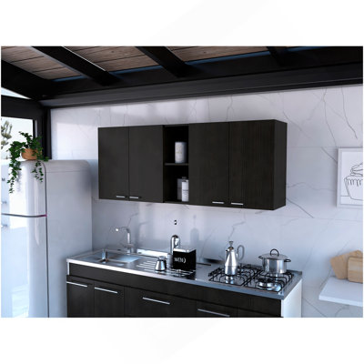 Portofino 150 Wall Cabinet,  Double Door, Two External Shelves, Two Interior Shelves -Black