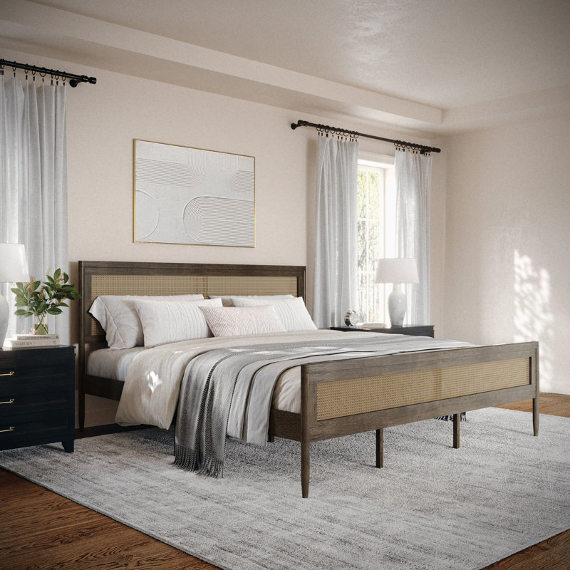 Martha Stewart Jax Wooden Platform Bed With Rattan Inset Headboard And Footboard, King, Brown