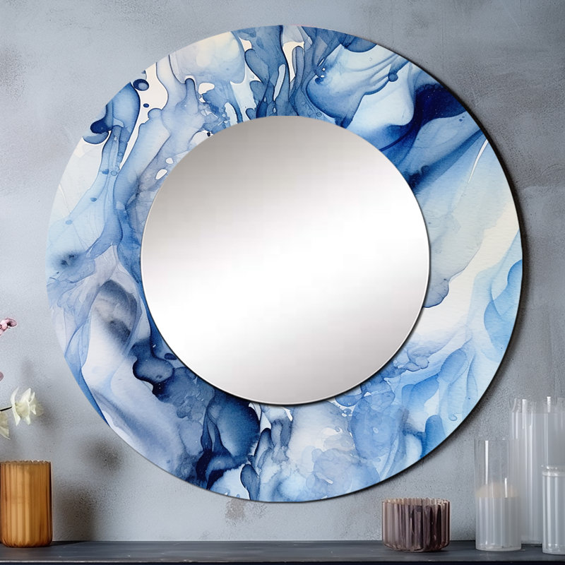 «Abstract Classic Blue Waves V» - Grand miroir mural fractal, miroir décoratif bleu, impression d'art en métal, 23 po x 23 po
