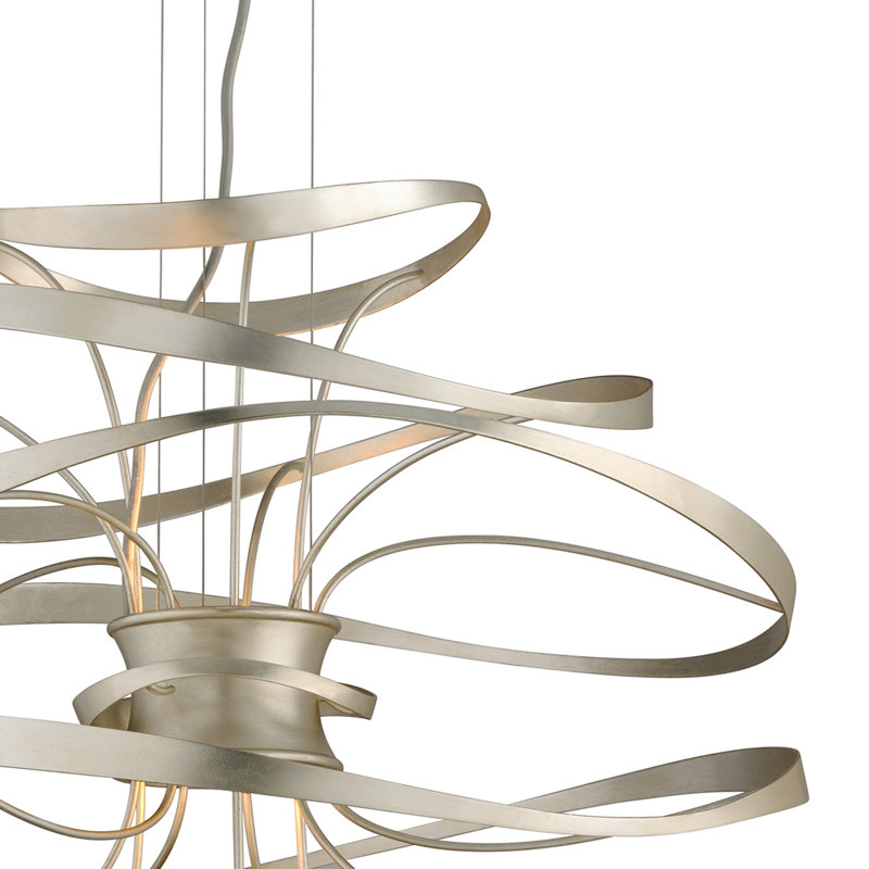 Calligraphy 2 - Light Unique Geometric LED Chandelier, 16.5" H x 18" W x 18" D, Silver Leaf with Polished Stainless Accents