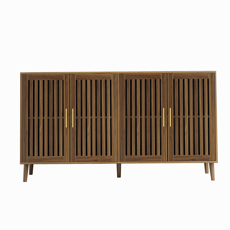 63-inch Walnut Wood Edge Table Sideboard with Storage, Grated Striped 4-Door Sideboard, Multi-functional Decorative Cabinet, Suitable for Dining Room, Living Room, Entrance, Kitchen