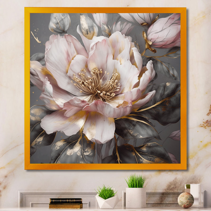 Rose et gris pivoines en fleurs III - pivoines, art mural, Cadre doré, H 36 po x l 36 po
