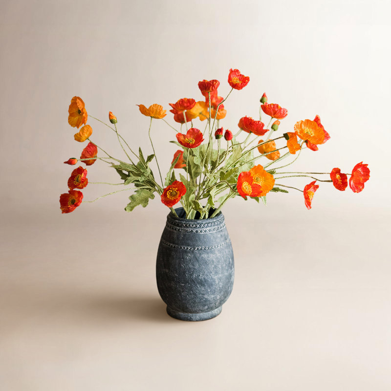 Jet de coquelicot en soie, Orangé, 5 tiges