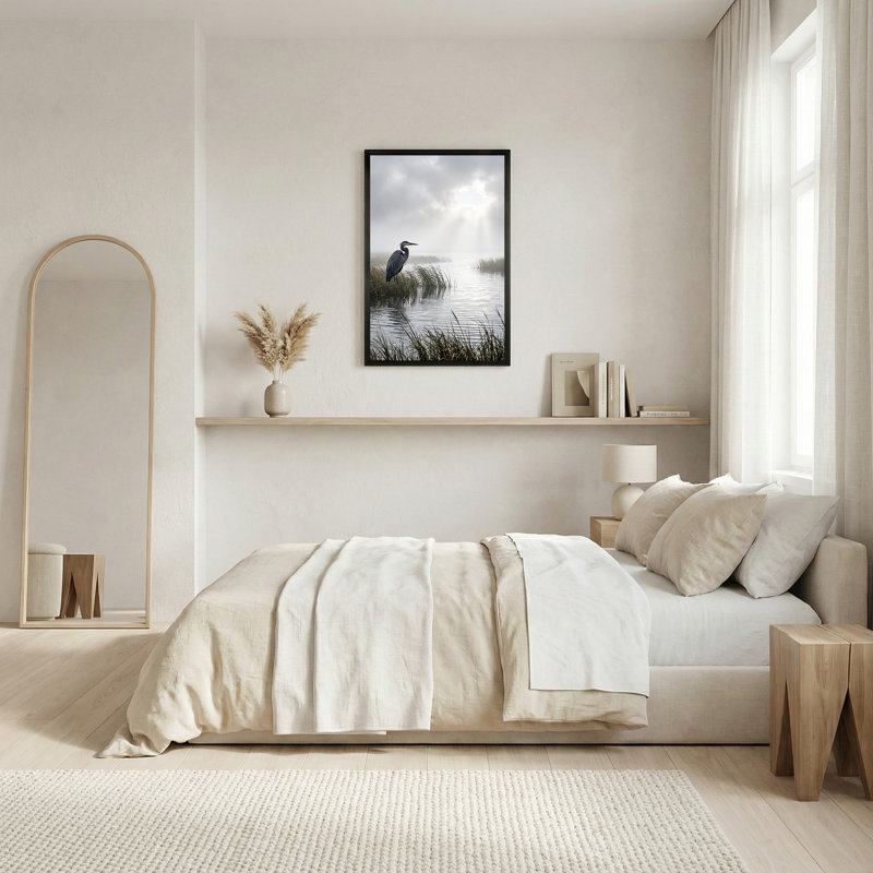 «Great Blue Heron In Misty Marsh With Reeds», art mural sur toile, H 18 po x l 12 po